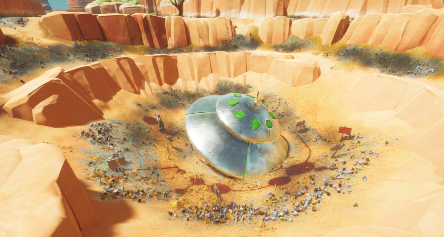 A flying saucer resting in a desert crater