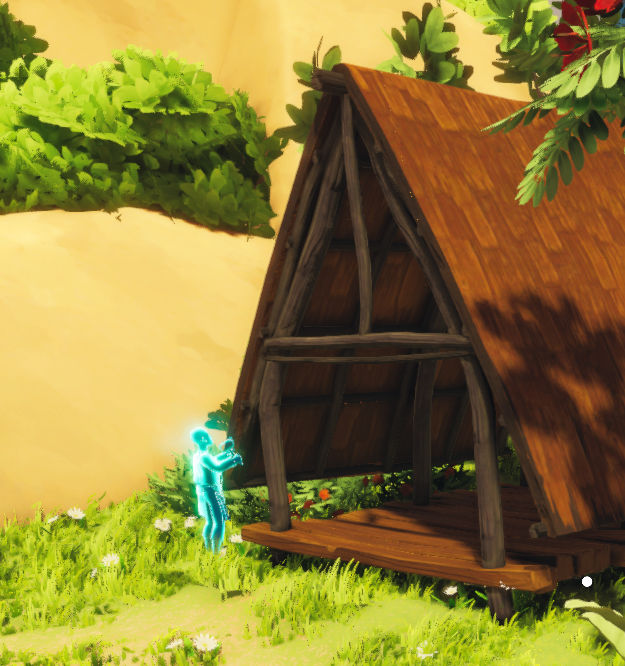 A glowing human silhouette beside a wooden shelter