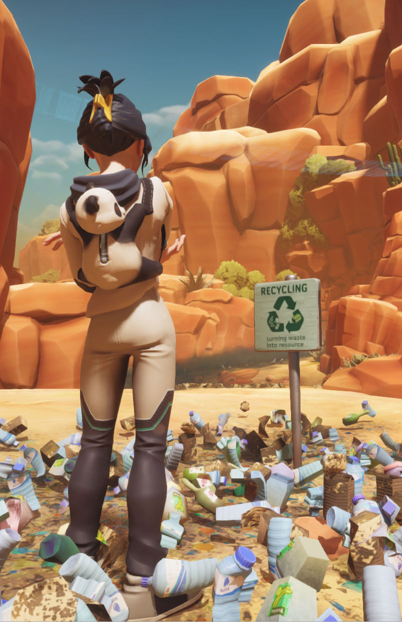 An explorer with a panda backpack in a desert canyon
