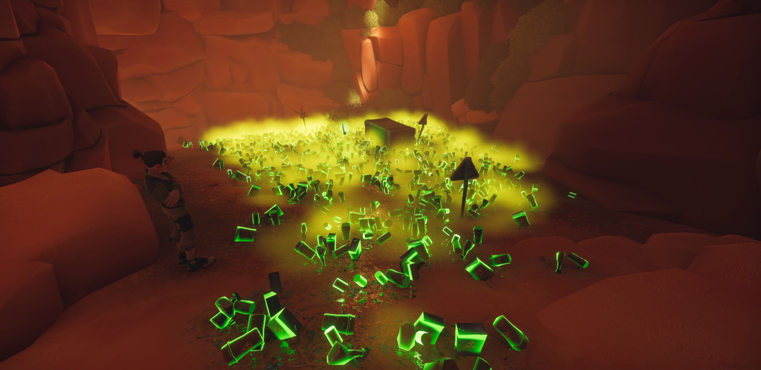 Glowing waste and an abandoned chest inside a canyon