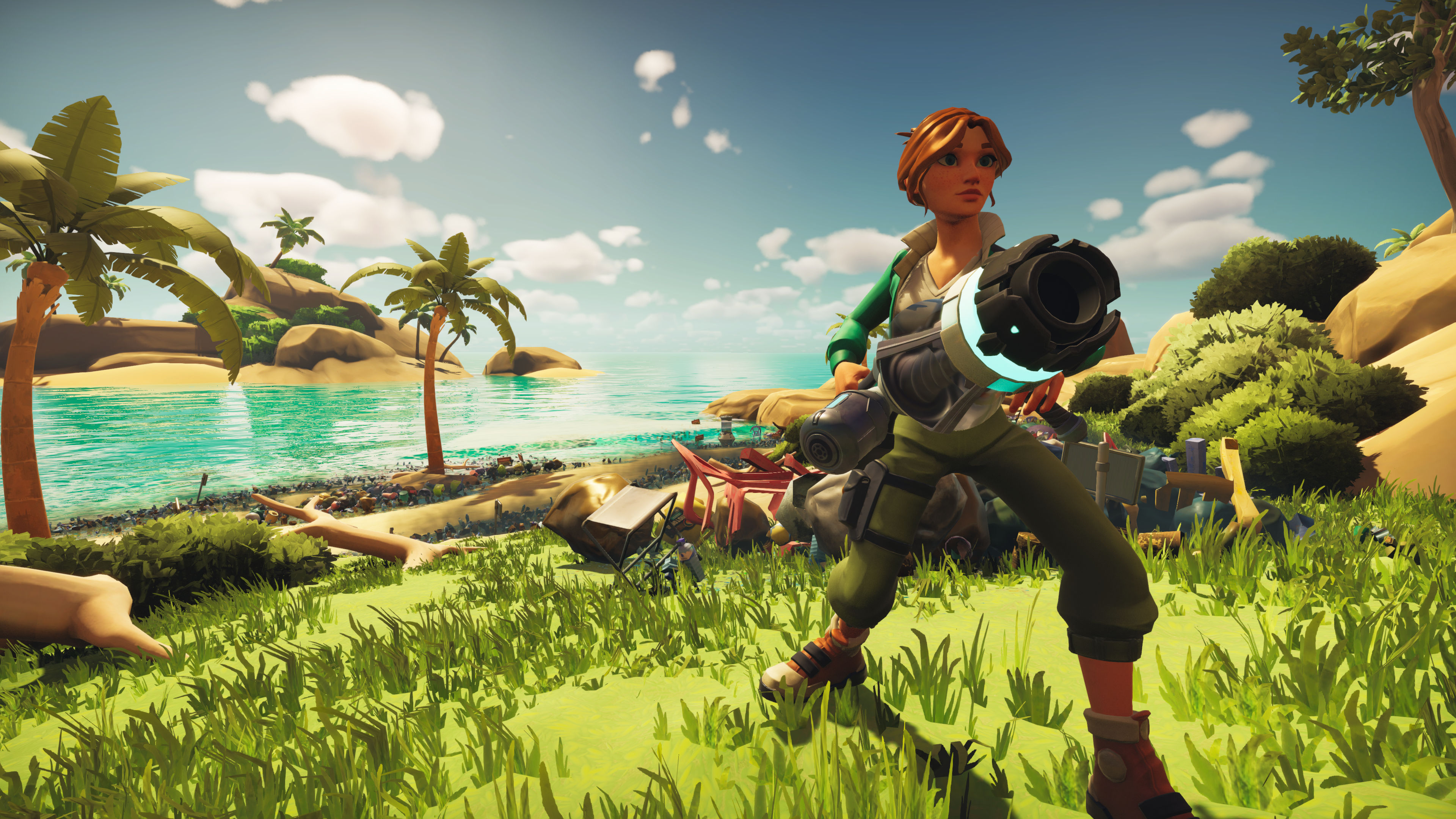An explorer with the Terra Cleaner overlooking a tropical island