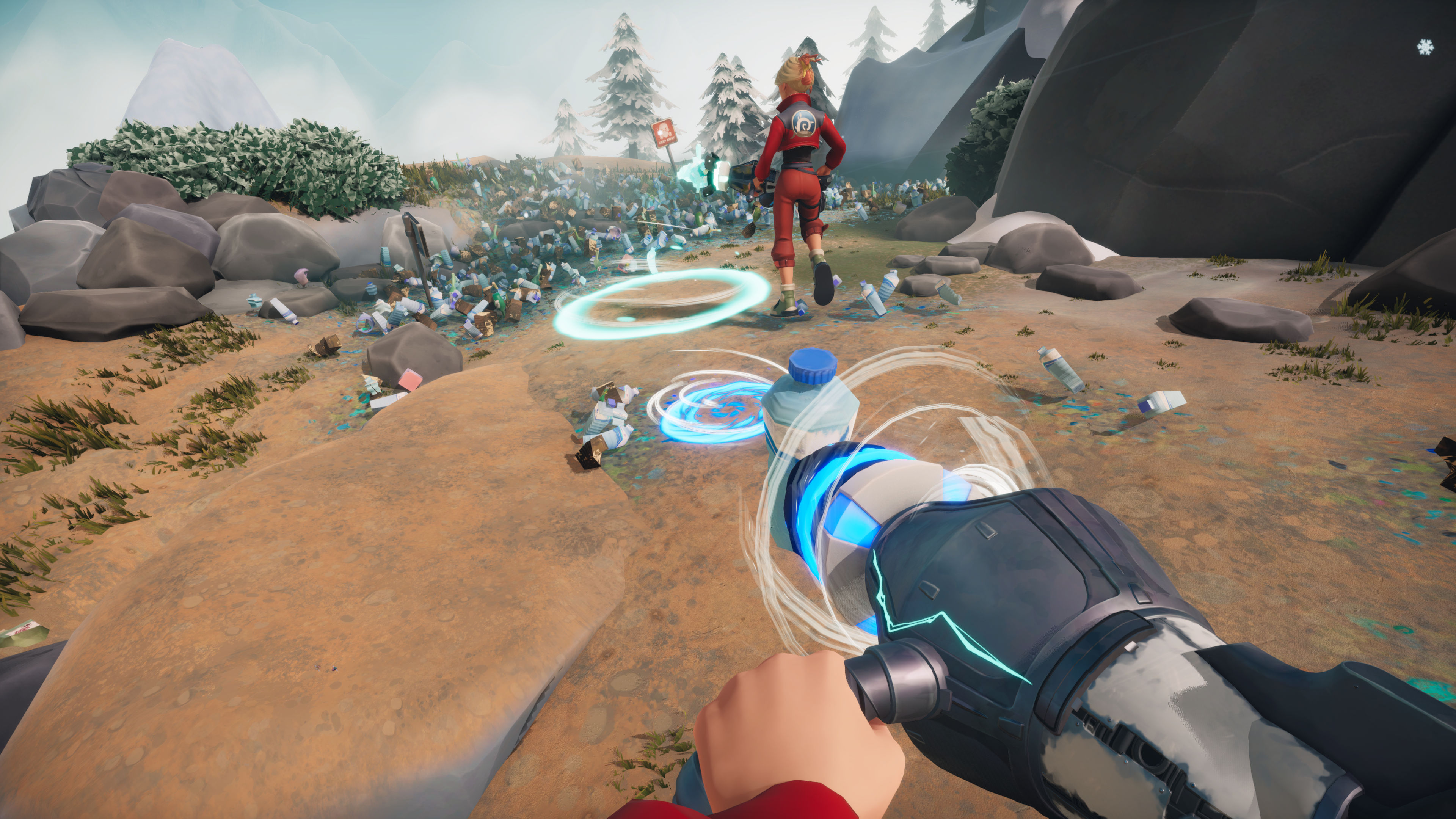 Two players working together on a snowy mountain trail