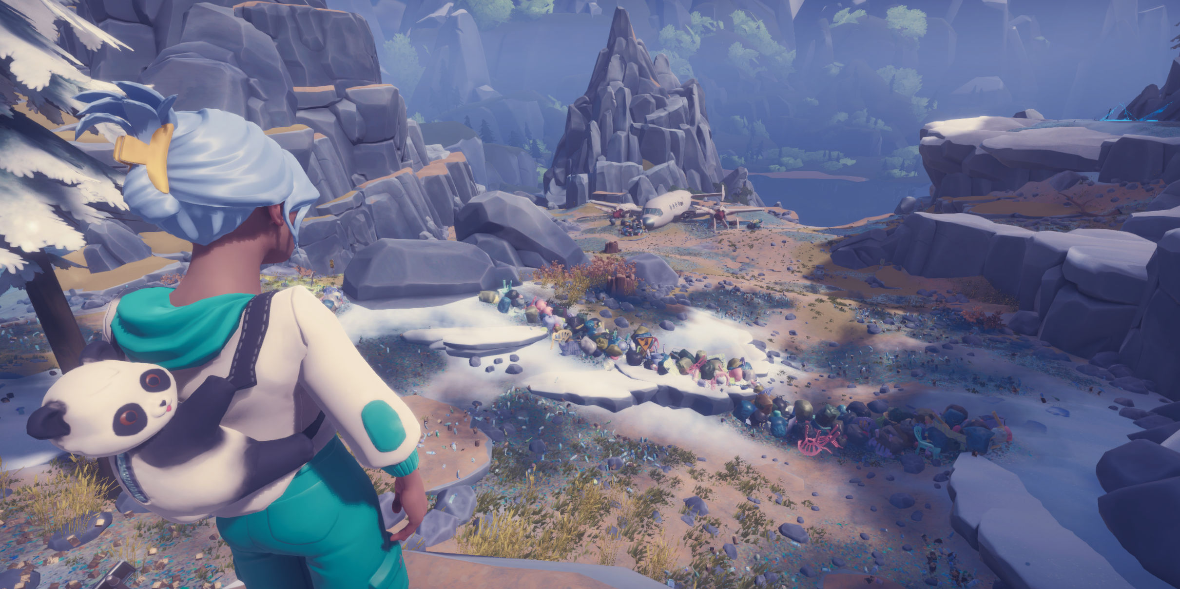 An explorer overlooking an aircraft wreck in a rocky valley