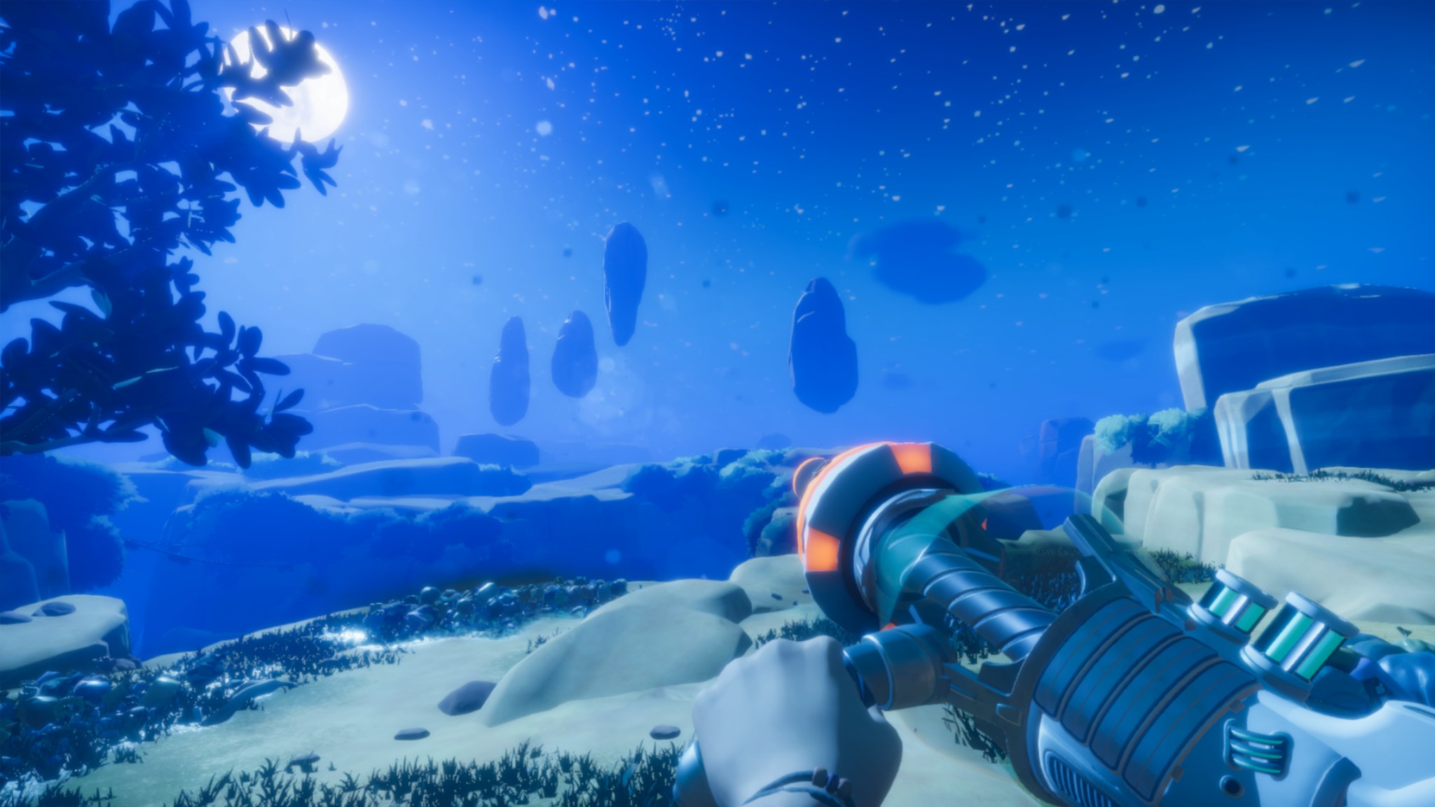 Rocks float above a moonlit landscape as the player holds the Terra Cleaner