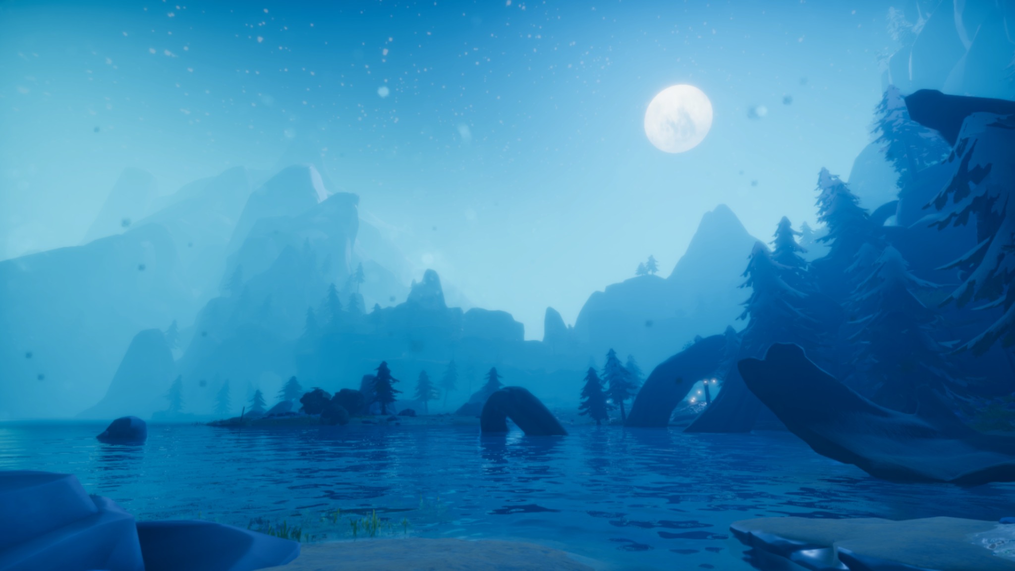 Moonlight over a peaceful mountain lake