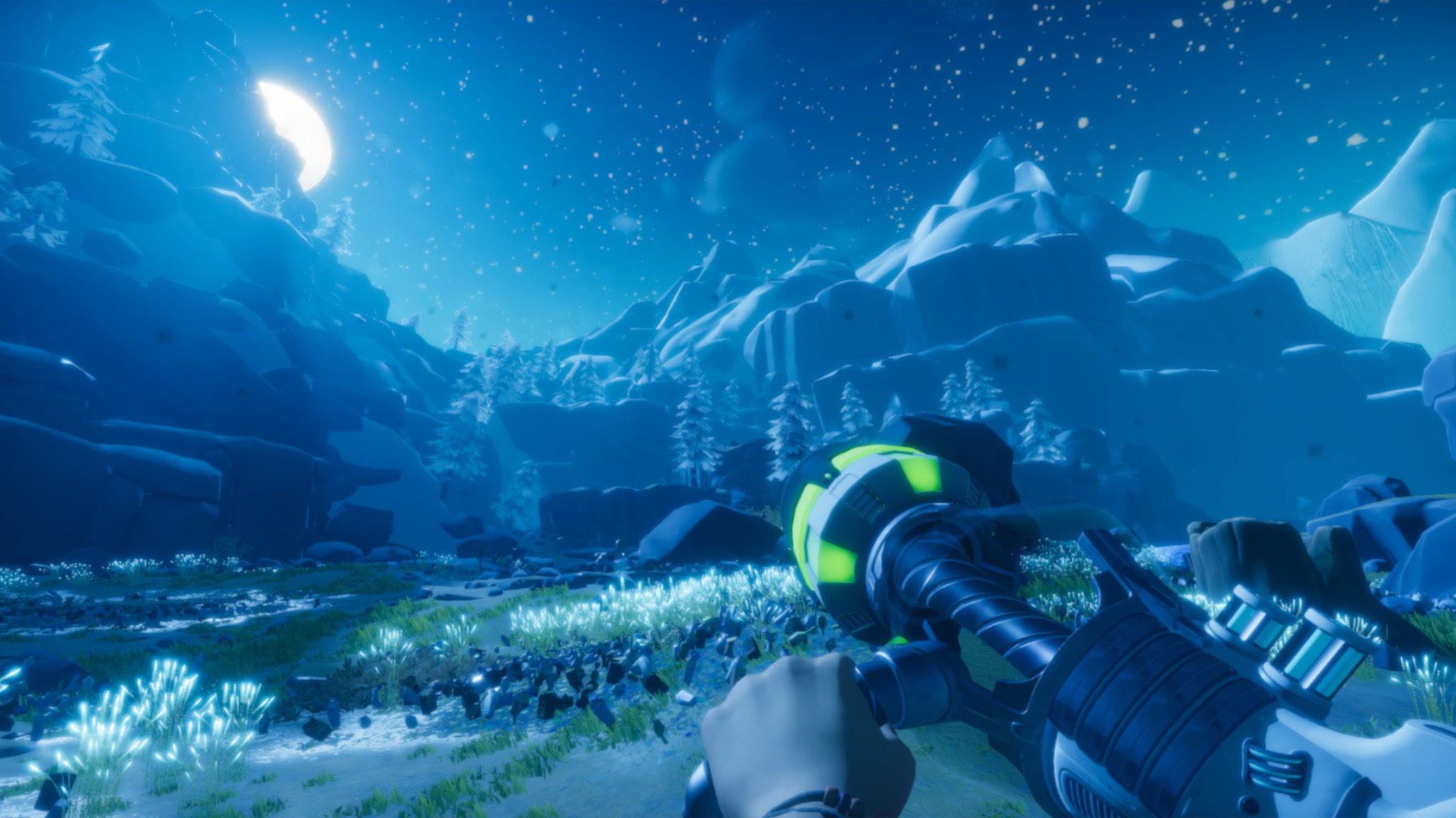 A glowing valley and snow-covered trees at night